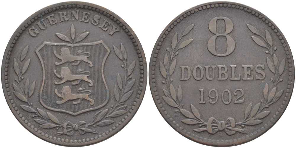 Гернси 8 даблов (дублей) 1902 KM 7 бронза 3996-532