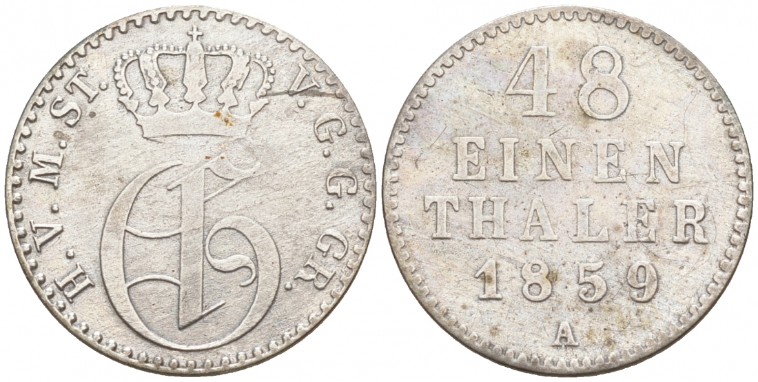 Мекленбург-Стрелиц 1/48 талера 1859 А, Фридрих Франц II (1842-1883) Jaeger 117, AKS 66, KM 91 серебро 73-211
