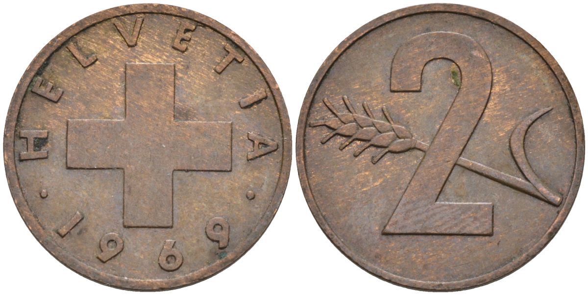 Швейцария 2 раппена 1969 KM 47 бронза 4592-557