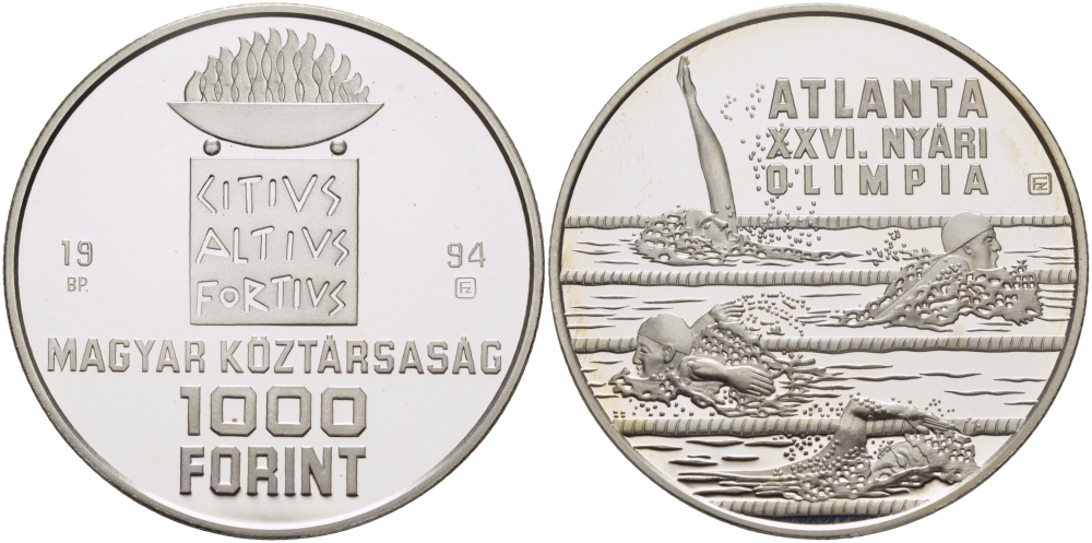 Венгрия 1000 форинтов 1994 XXVI Олимпийские игры в Атланте, плавание KM 712 серебро PROOF 1081-5-43