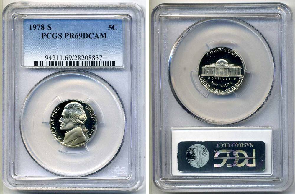 США 5 центов 1978 S, президент Джеферсон, в слабе PCGS PR69CAM KM А192 медно-никель PROOF 15-002-20