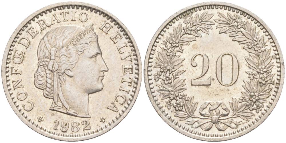 Швейцария 20 раппенов 1982 KM 29a медно-никель 55-1013