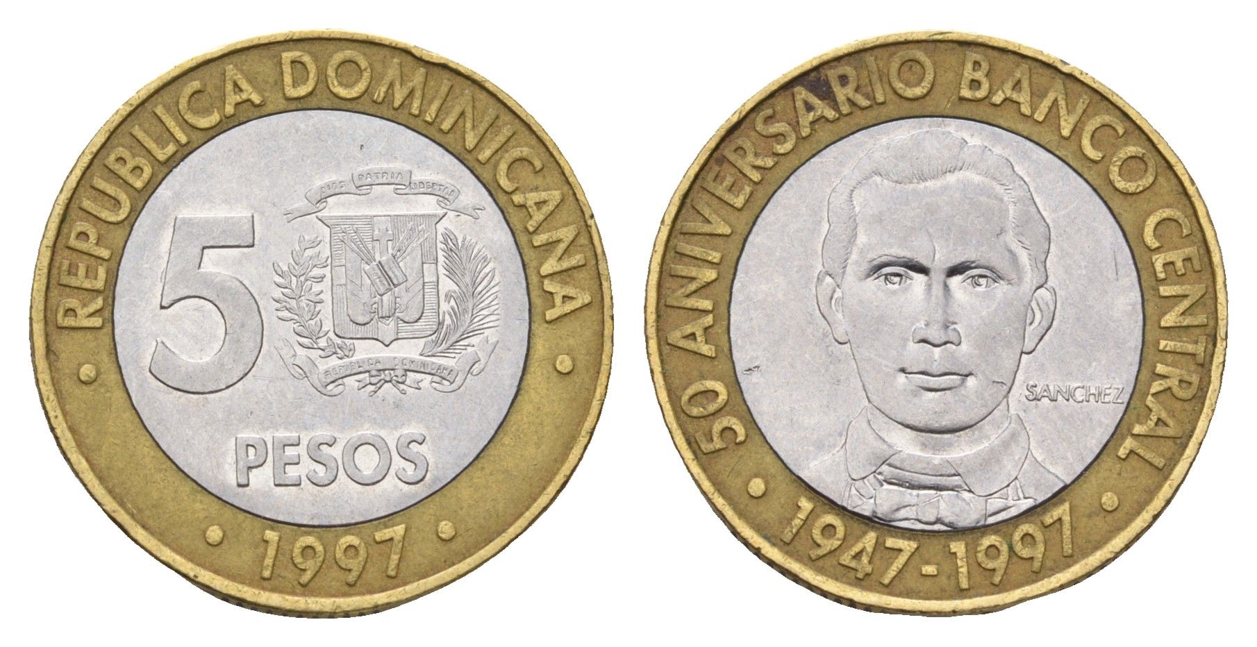 Доминикана (Доминиканская Республика) 5 песо 1997 50 лет Центробанку KM 88 биметалл 4688-1031
