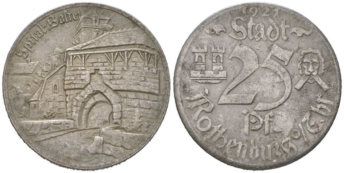 Ротенбург-об-дер-Таубер 25 пфеннигов 1921 Больница Бастай Funck 453.7i, Men18 27506.10 железо 28-1152