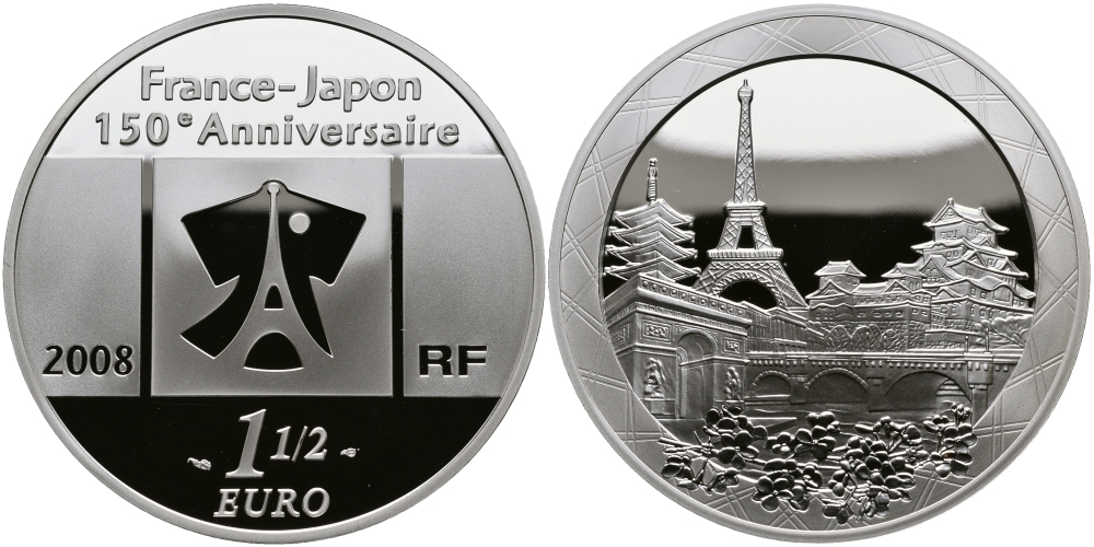 Франция 1 1/2 евро 2008 150 лет торговым отношениям Франция-Япония, Париж, Эйфелева башня KM 1550 серебро PROOF 1068-10-34