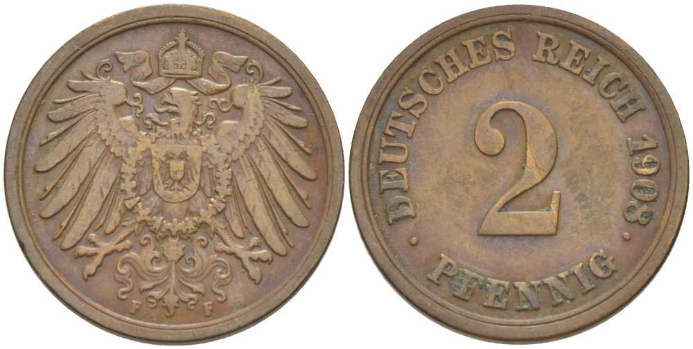 ГЕРМАНИЯ 2 ПФЕННИГА 1908 F KM 16, J. 11, Weege 4 медь 206-544