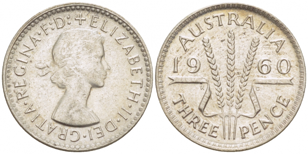 Австралия 3 пенса 1960 m, Елизавета II (1952-2022) KM 57 серебро UNC 3718-361
