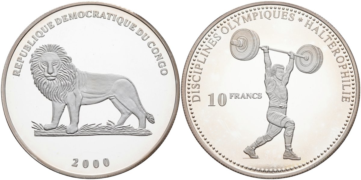 Конго 10 франков 2000 олимпийские дисциплины, тяжёлая атлетика, штанга KM 47 серебро PROOF 00-000-00