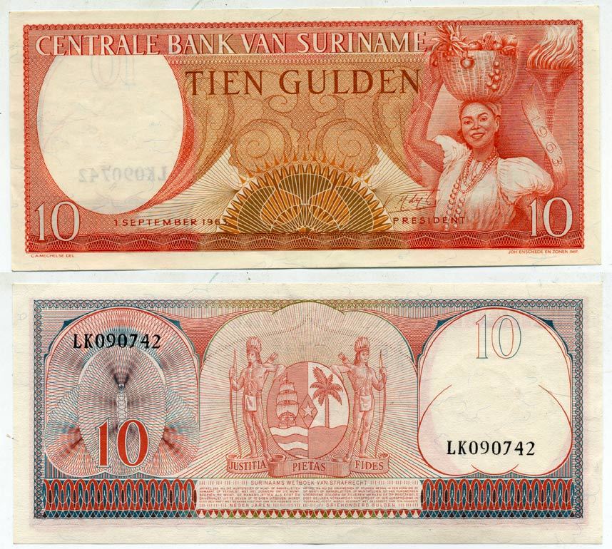 Суринам 10 гульденов 1963 женщина с фруктами Pick 121 b бумага 6301-30-1