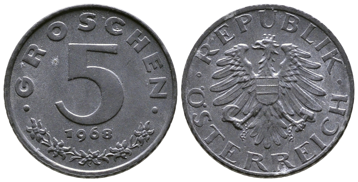 АВСТРИЯ 5 ГРОШЕЙ 1968 KM 2875 цинк UNC 57-1167