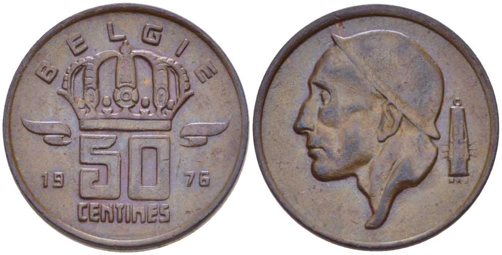 БЕЛЬГИЯ 50 САНТИМОВ 1976 BELGIE, БОДУЭН I (1951-1993) KM 149.1 бронза 214-219