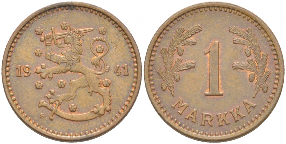 ФИНЛЯНДИЯ 1 МАРКА 1941 S KM 30а медь 4523-213