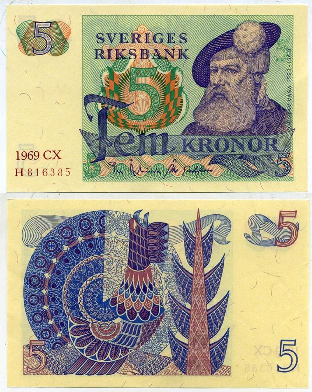 Швеция 5 крон 1969 CX, Густав I Ваза Pick 51a бумага aUNC 445-65-3
