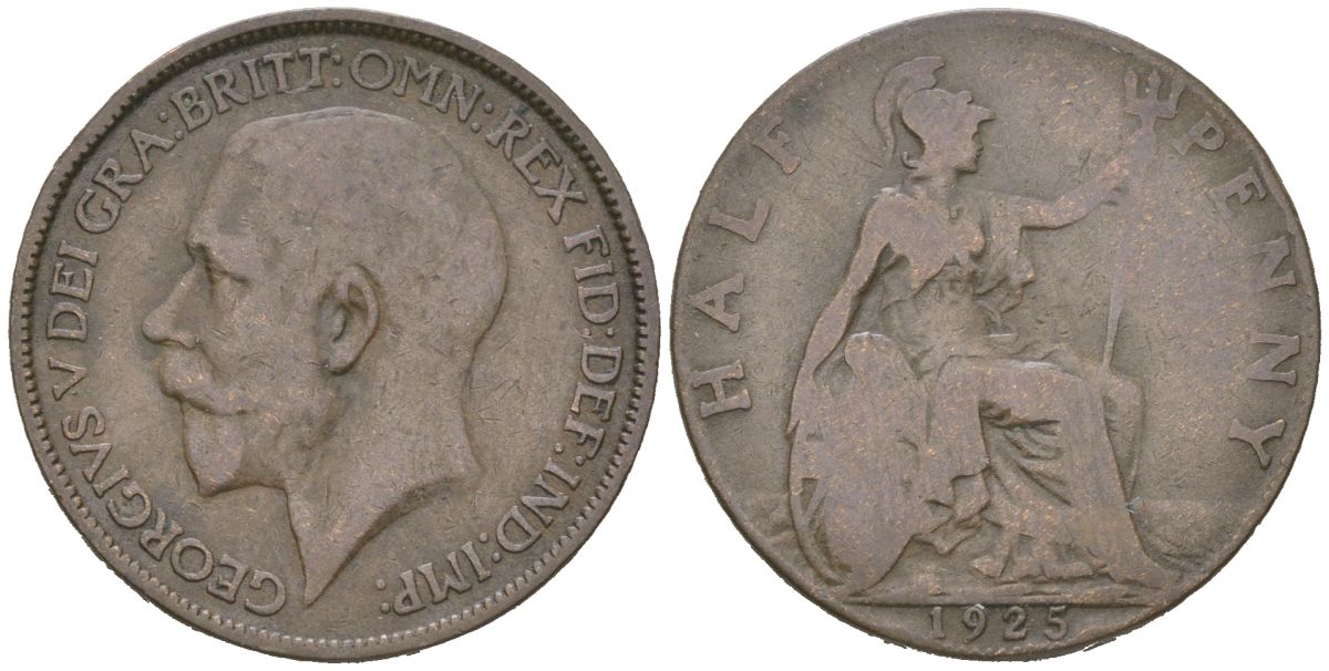 Великобритания 1/2 пенни 1925 Георг V (1910-1936) KM 809, Spink 4056 бронза 4616-744