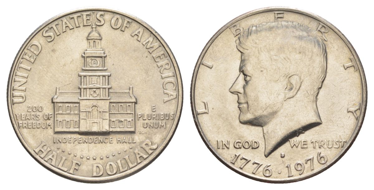 США 1/2 доллара (50 центов) 1976 D, 200 лет независимости, Джон Кеннеди KM 205 медь плакированная медно-никелем aUNC 4545-531