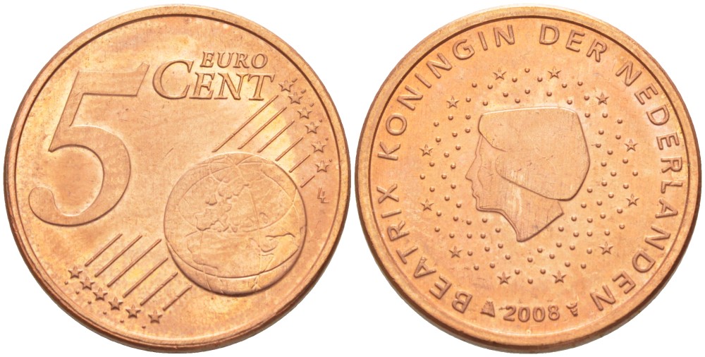 Нидерланды 5 евроцентов 2008 БЕАТРИКС KM 276 сталь плакированная медью 4543-234