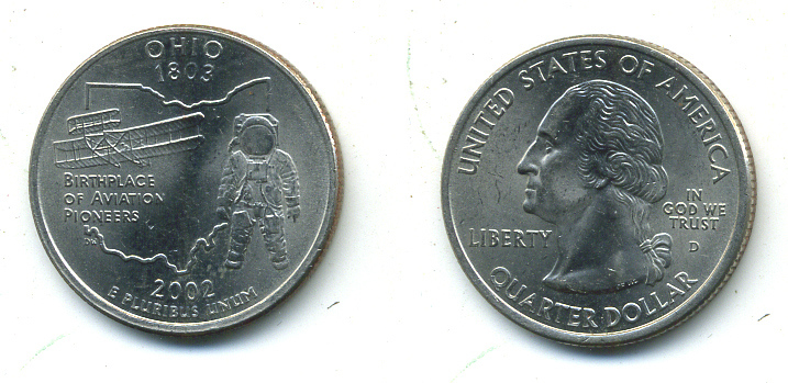 США 25 центов = квотер 2002 D, серия штаты США, Огайо KM 332 медь плакированная медно-никелем 4388-746