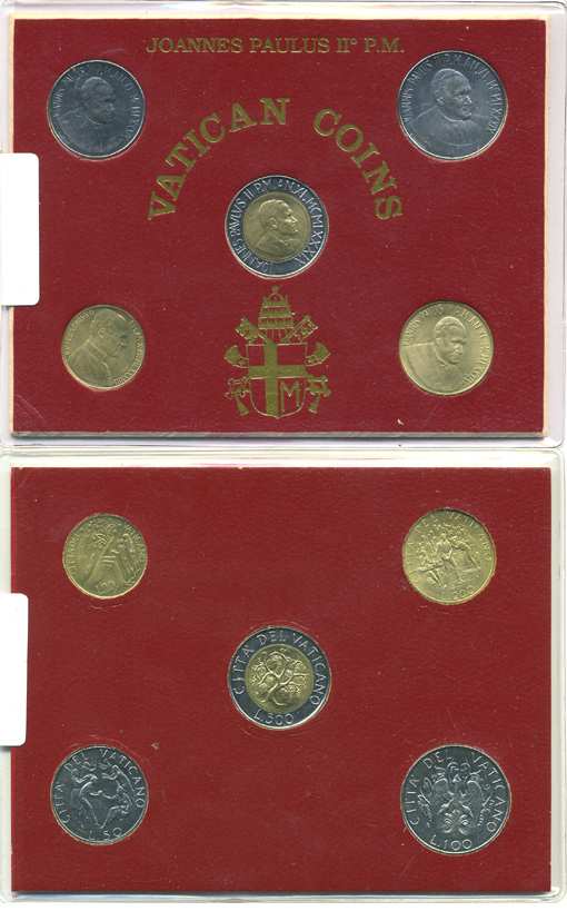 Ватикан набор из 5 монет 1989 в буклете, Иоанн Павел II (20 - 500 лир) 1 биметалл UNC 5-4-3-84