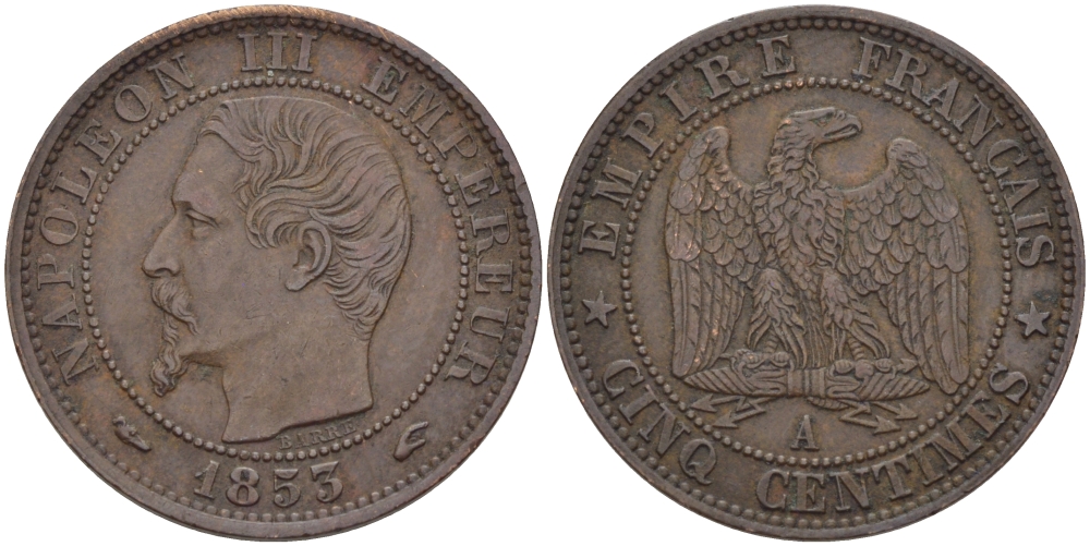ФРАНЦИЯ 5 САНТИМОВ 1853 А, НАПОЛЕОН III (1852-1870) KM 777.1, LE FRANC 116.1 бронза 28-653