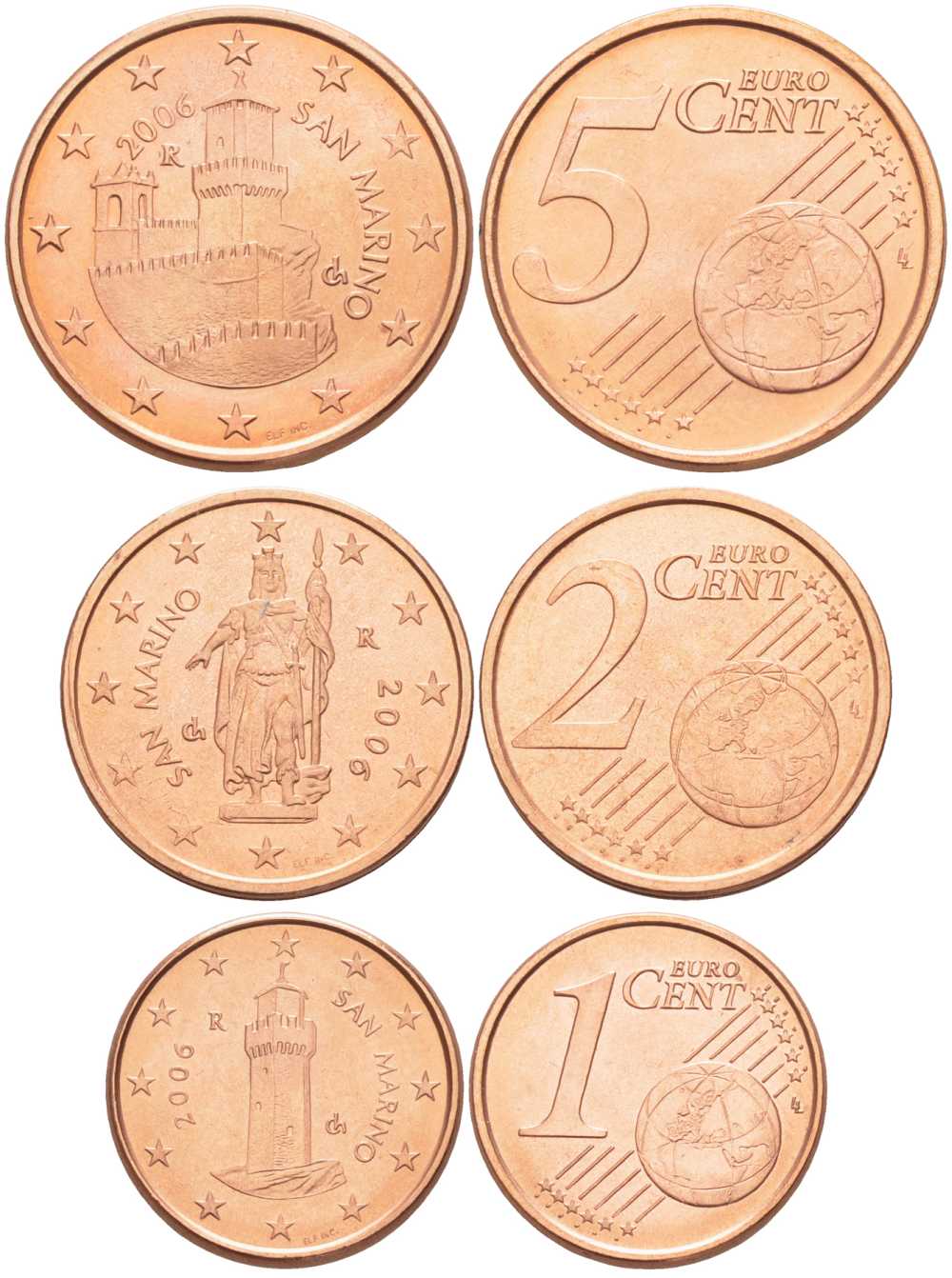 Сан-Марино лот из 3 монет 2006 1,2 и 5 евроцентов сталь плакированная медью UNC 4681-155-157