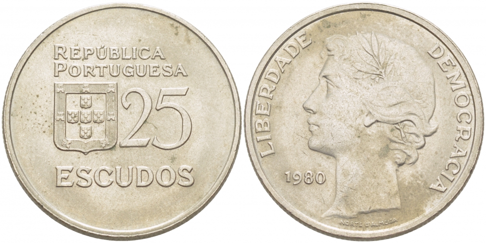 Португалия 25 эскудо 1980 первый год KM 607а медно-никель 4403-1044