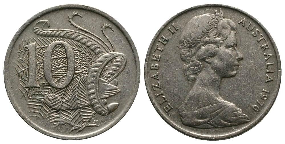 Австралия 10 центов 1970 Елизавета II (1952-), птица лирахвост KM 65 медно-никель 89-1452