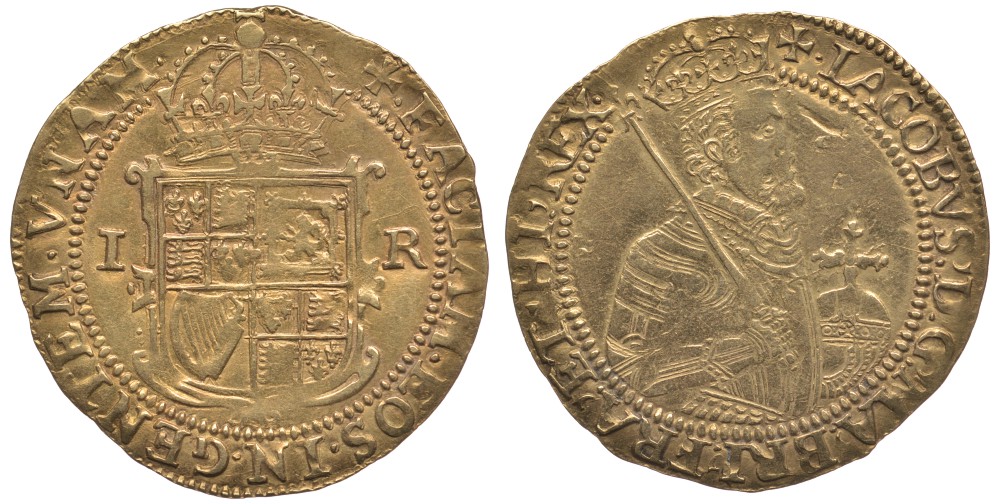 Англия 1 юнайт 1605-1609 Яков I, пятый портрет KM 47, Spink 2620 золото 00-000-00
