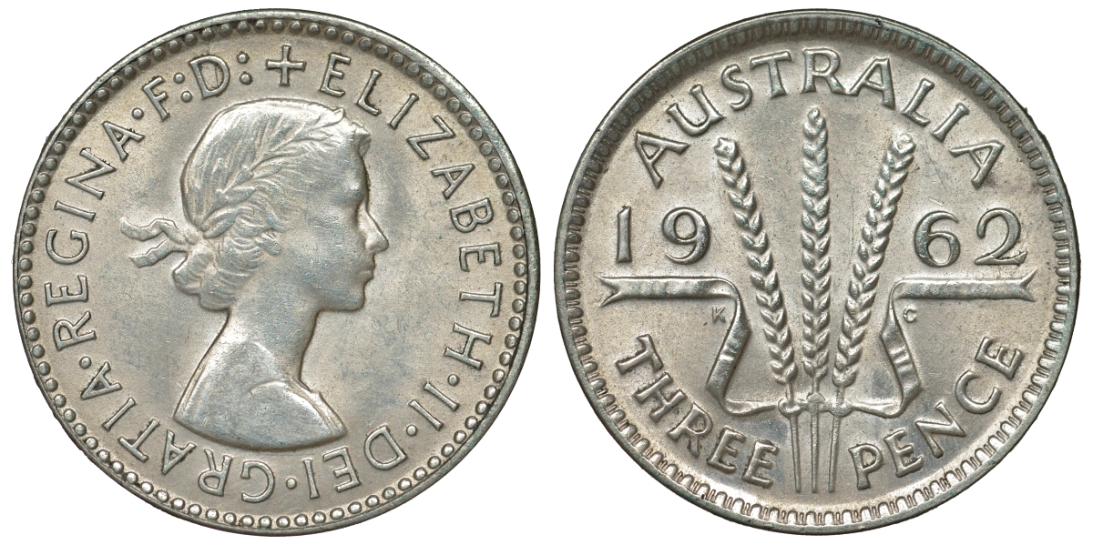 Австралия 3 пенса 1962 m, Елизавета II (1952-2022) KM 57 серебро 71-826