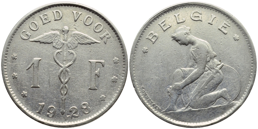 БЕЛЬГИЯ 1 ФРАНК 1928 BELGIE KM 90 никель 23-736