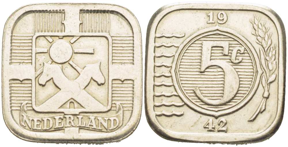НИДЕРЛАНДЫ 5 ЦЕНТОВ 1942 РЕПЛИКА, РАЗМЕР 20 Х20 ММ. белый металл 217-357