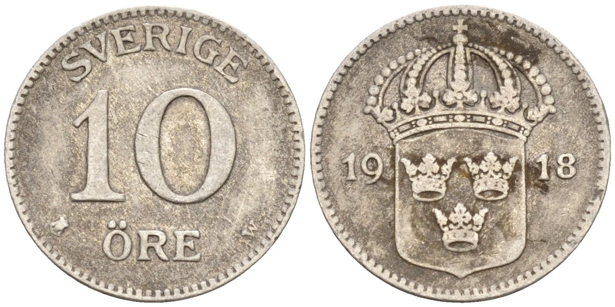 Швеция 10 эре 1918 W, Густав V (1907-1950) KM 780 серебро 4147-832