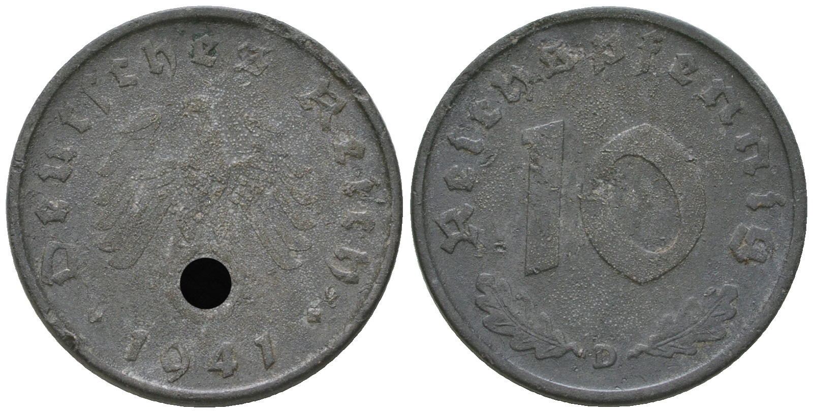 Германия 10 рейхспфеннигов 1941 D J. 371, KM 101 цинк  3459-556