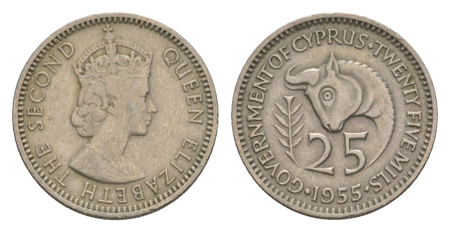 Кипр 25 милей 1955 Елизавета II (1952-2022) KM 35 медно-никель 4649-1165