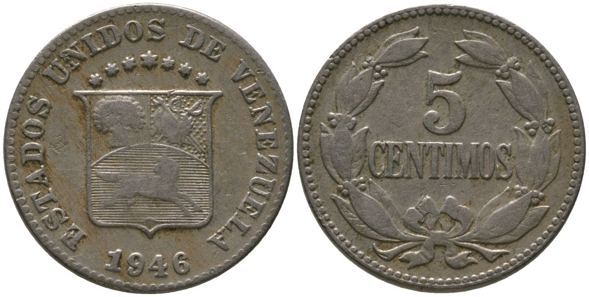 Венесуэла 5 сентимо 1946 KM 29a медно-никель 4576-611