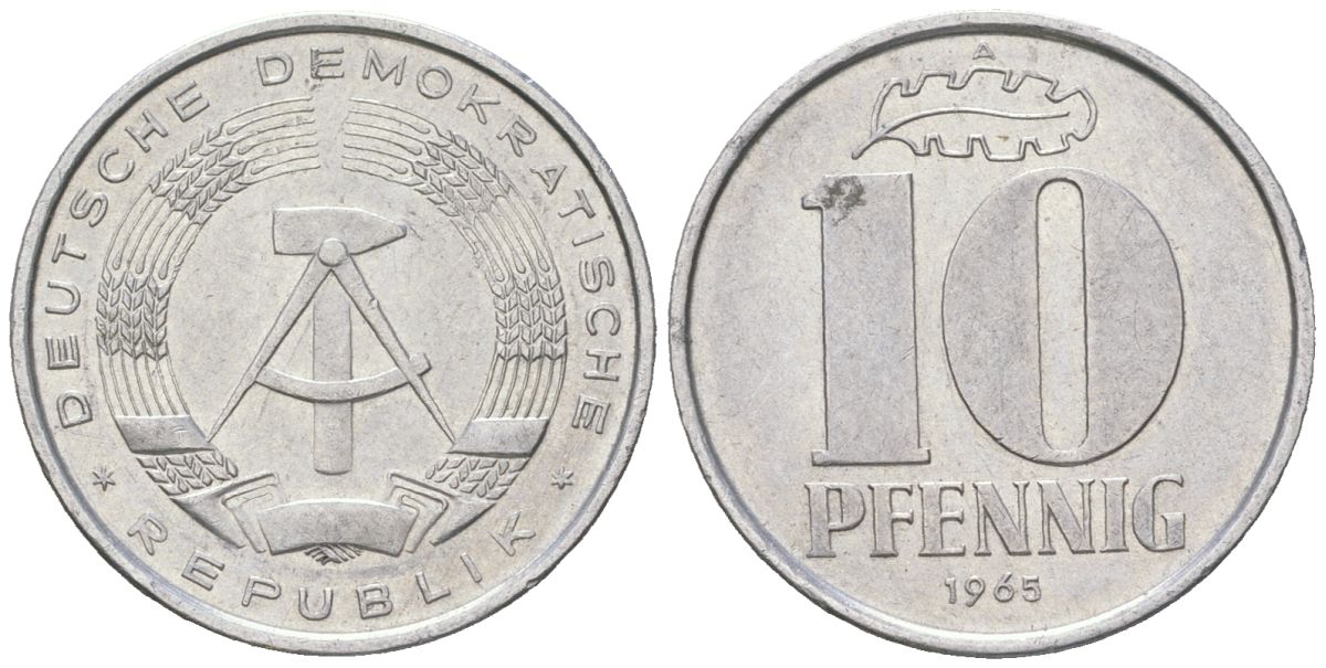 ГДР 10 пфеннигов 1965 A KM 10 алюминий 201-815