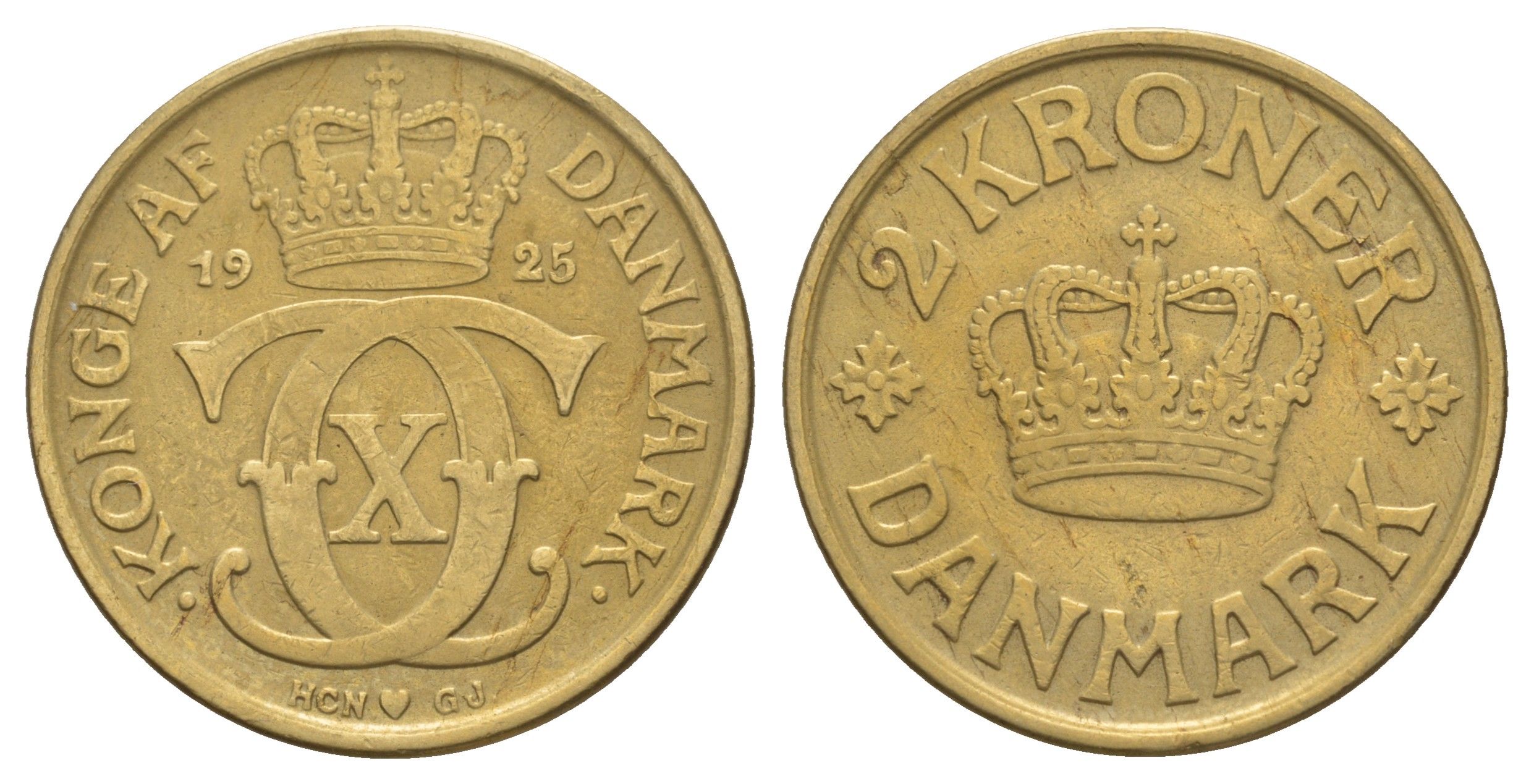Дания 2 кроны 1925 HCN; GJ, Кристиан X (1912-1947) KM 825 алюминиевая бронза 114-543