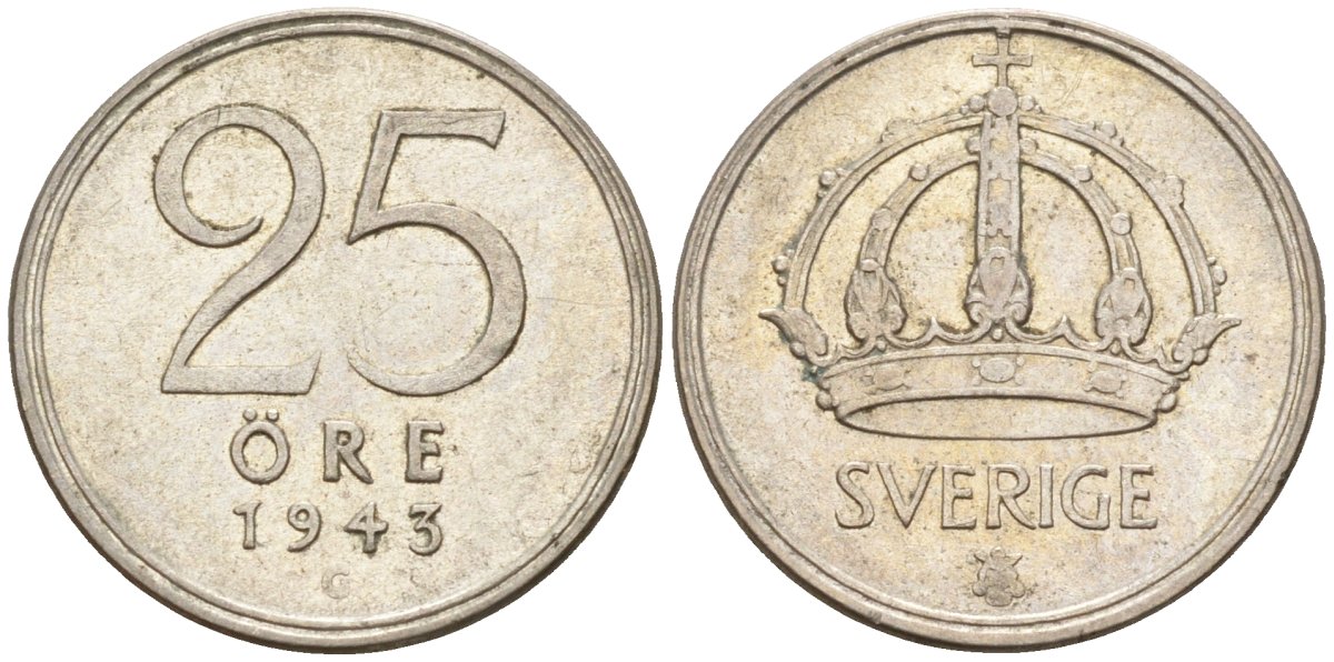 Швеция 25 эре 1943 G, Густав V (1907-1950) KM 816 серебро 4147-951