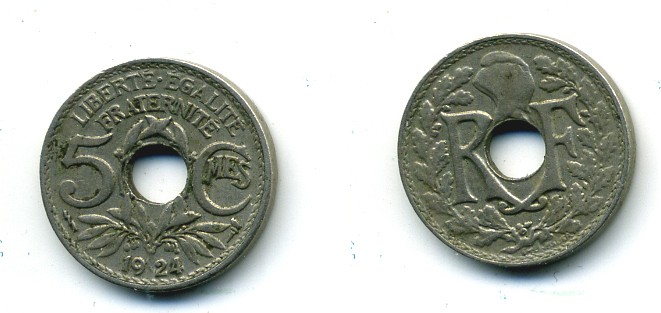 ФРАНЦИЯ 5 САНТИМОВ 1924 tb, ТИП ЛИНДАЙЁ, МОНЕТНЫЙ ДВОР ПУАССИ, МОЛНИЯ KM 875 медно-никель 84-316