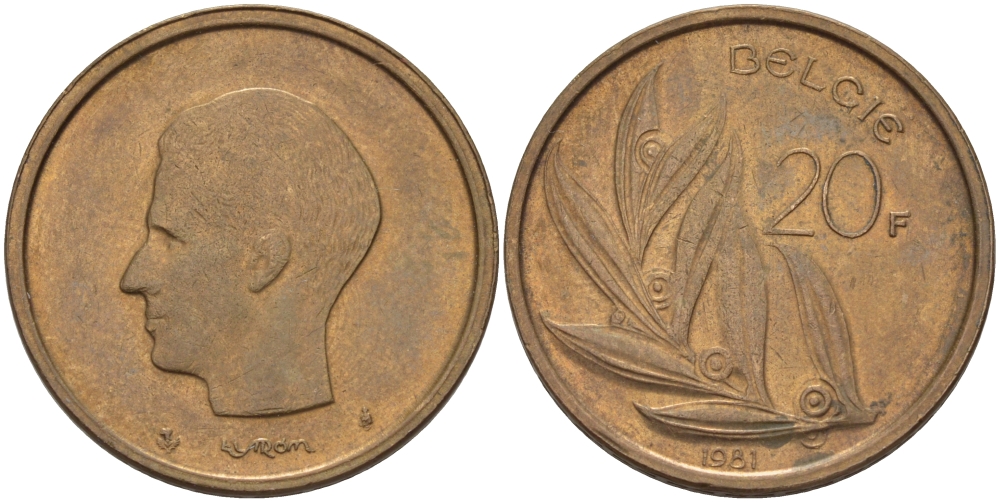 БЕЛЬГИЯ 20 ФРАНКОВ 1981 BELGIE KM 160 никель бронза 67-636