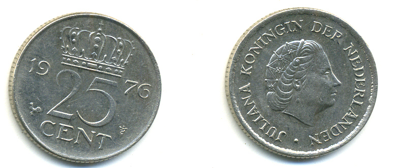 НИДЕРЛАНДЫ 25 ЦЕНТОВ 1976 ЮЛИАНА KM 183 никель 83-1025
