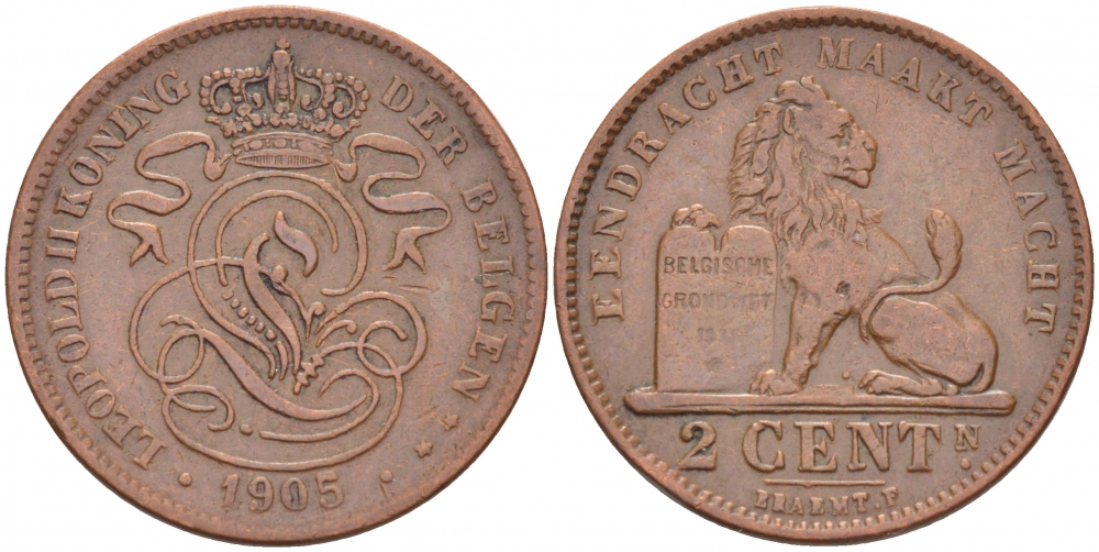 БЕЛЬГИЯ 2 САНТИМА 1905 BELGEN KM 36 медь 110-155