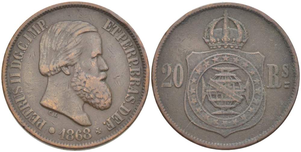 Бразилия 20 рейсов 1868 Педро II (1831-1889) KM 474 бронза 4529-515