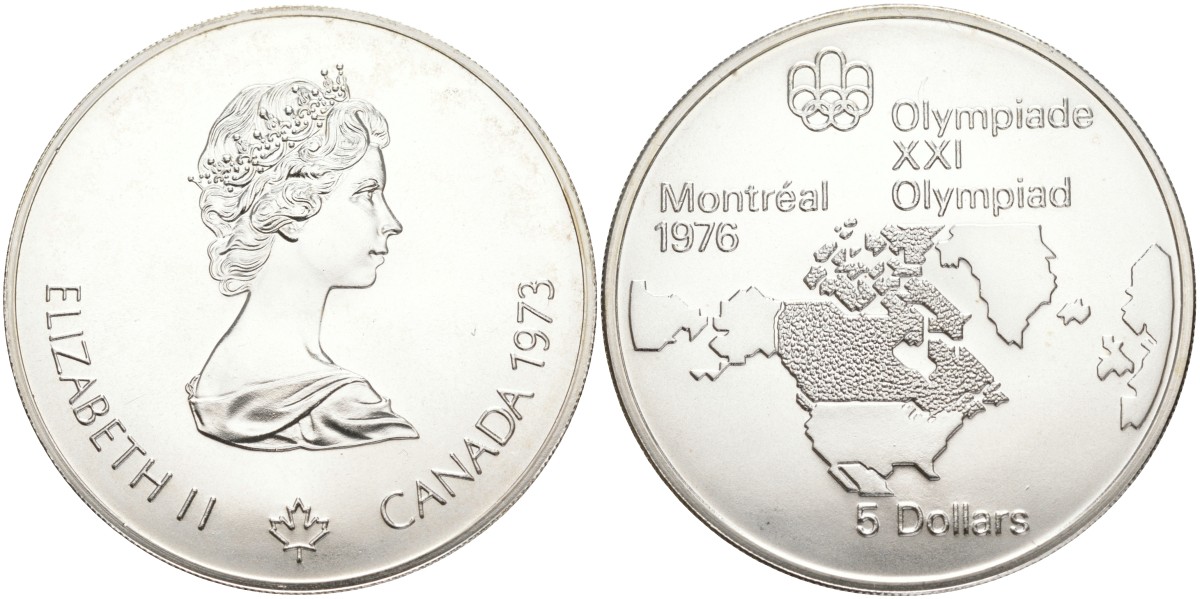 Канада 5 долларов 1973 XXI летние Олимпийские игры в Монреале 1976 года, карта Канады на фоне Северной Америки KM 85 серебро UNC 02-251-16