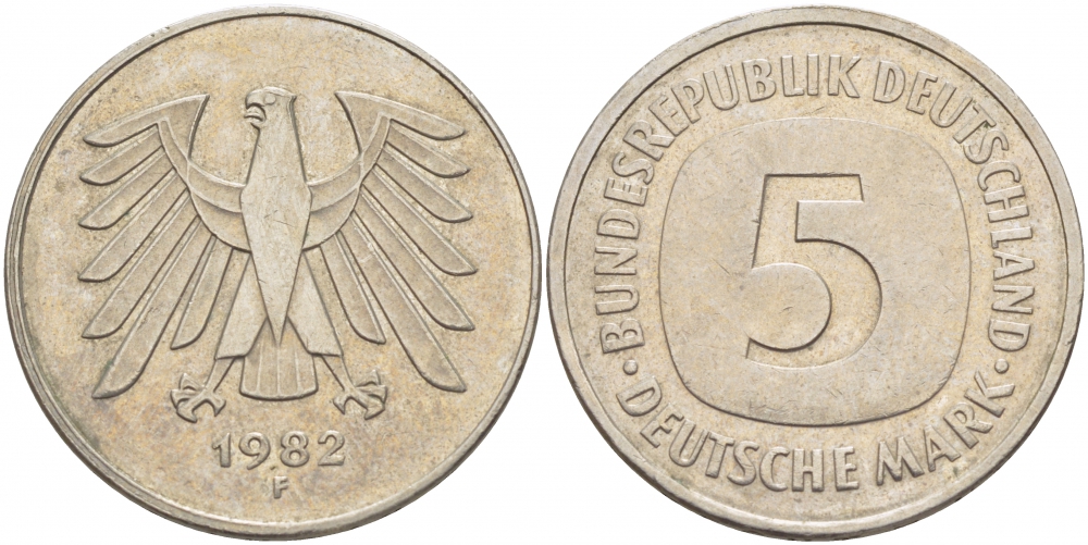 ФРГ 5 марок 1982 F, KM 140.1, J. 415 медно-никель плакированный никелем 3851-534