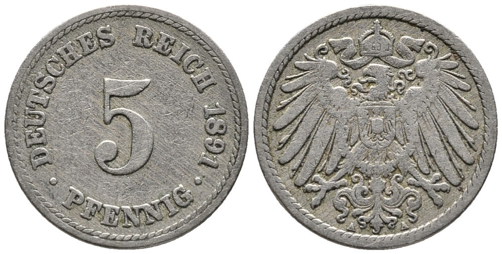 ГЕРМАНИЯ 5 ПФЕННИГОВ 1891 A KM 11, J. 12 медно-никель 39-641
