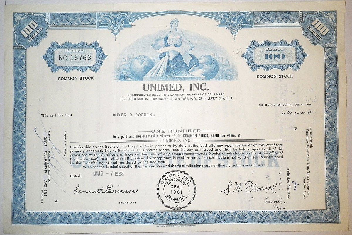 США, UNIMED, INC. 100 АКЦИЙ 1968 США бумага 00-00