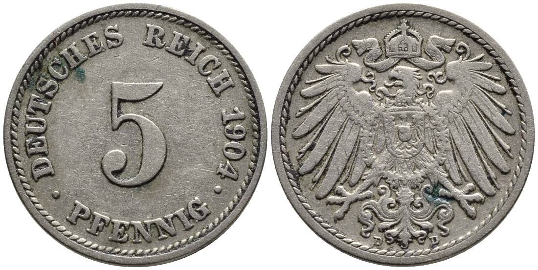 ГЕРМАНИЯ 5 ПФЕННИГОВ 1904 D KM 11, Jager 12, Weege 6 медно-никель 4547-437