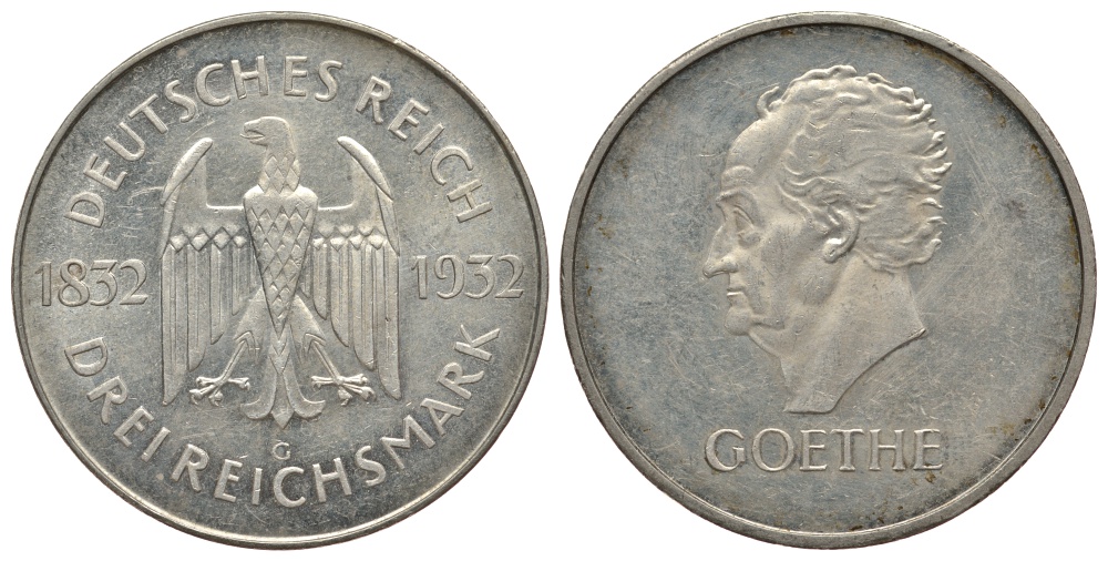 Германия 3 марки 1932 G, 100 лет со дня смерти Иоганна Вольфганга фон Гёте J. 350, KM 76 серебро 00-812-07