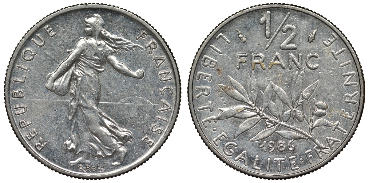 Франция 1/2 франка 1986 сеятель KM 931.1, Le Franc 198.25 никель 4128-245