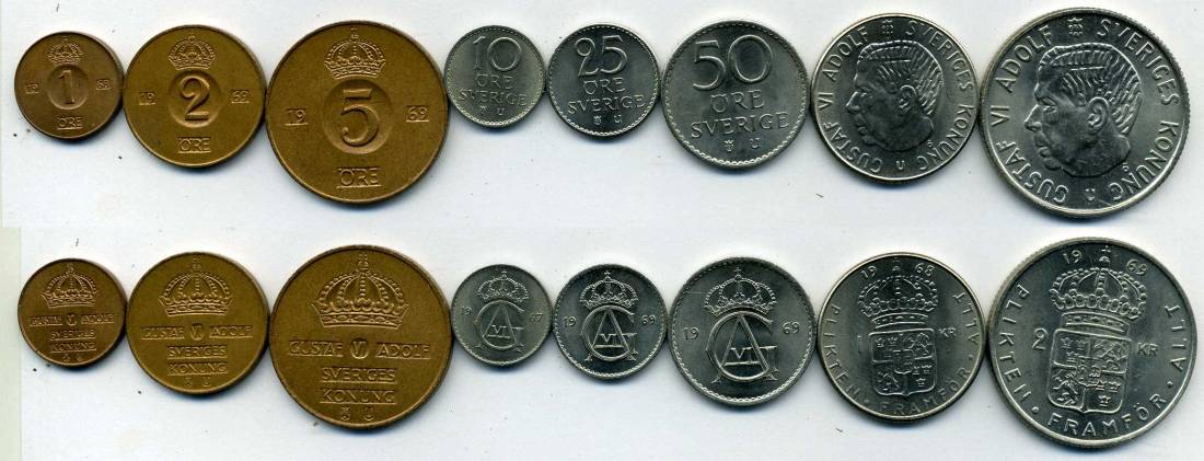 ШВЕЦИЯ НАБОР ИЗ 8 МОНЕТ 1967-1969 KM 820, 821, 822, 835, 836, 837, 826, 827 UNC 4399-1-2